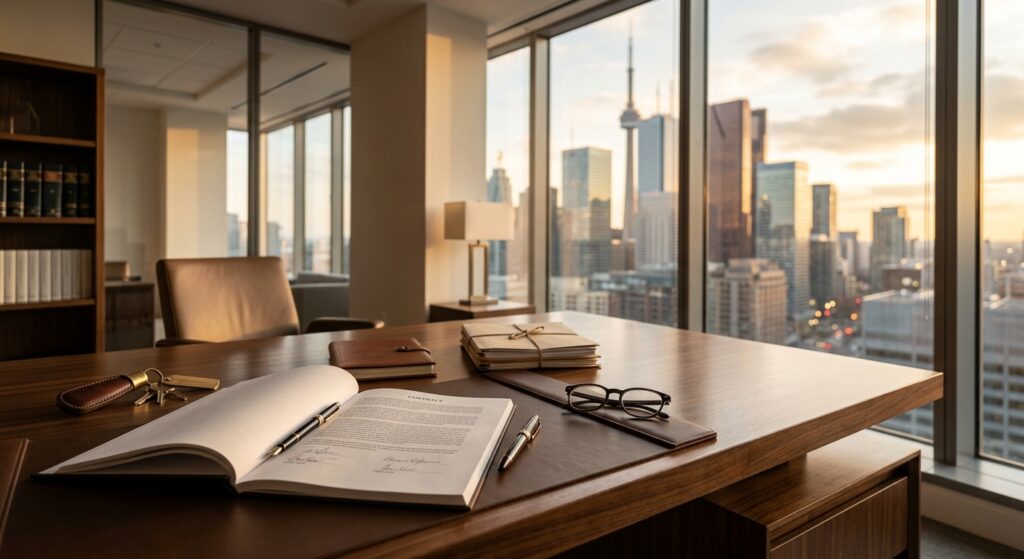 A modern executive office desk with an open book, pens, and glasses, overlooking the Toronto skyline at sunset