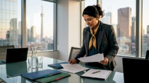 Real estate lawyer reviewing property documents